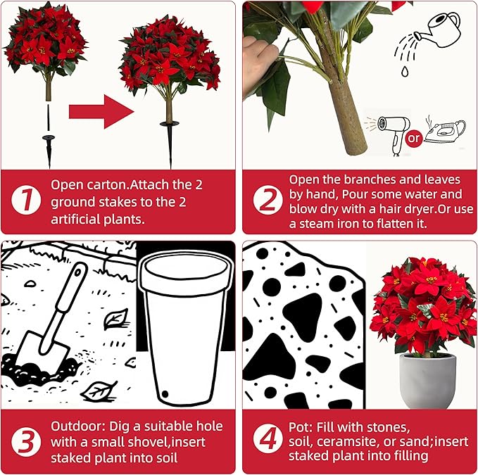 2 Pack 24.5-Inch Artificial Poinsettia Flowers with Ground Spike, Christmas Topiary Balls Trees, Faux Poinsettias Bush,Fake Poinsettia UV Realistic for Outdoor Porch Home Patio Christmas Decor