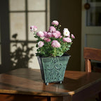Hosley Set of 4 Green Patina Embossed Metal Planters with Ornate Floral Design, 5.25" L x 5.25" W x 5" H – Ideal for Floral Arrangements, Home Décor, Garden Accents, Rustic Weddings.