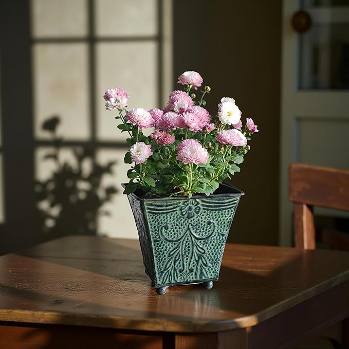 Hosley Set of 4 Green Patina Embossed Metal Planters with Ornate Floral Design, 5.25" L x 5.25" W x 5" H – Ideal for Floral Arrangements, Home Décor, Garden Accents, Rustic Weddings.