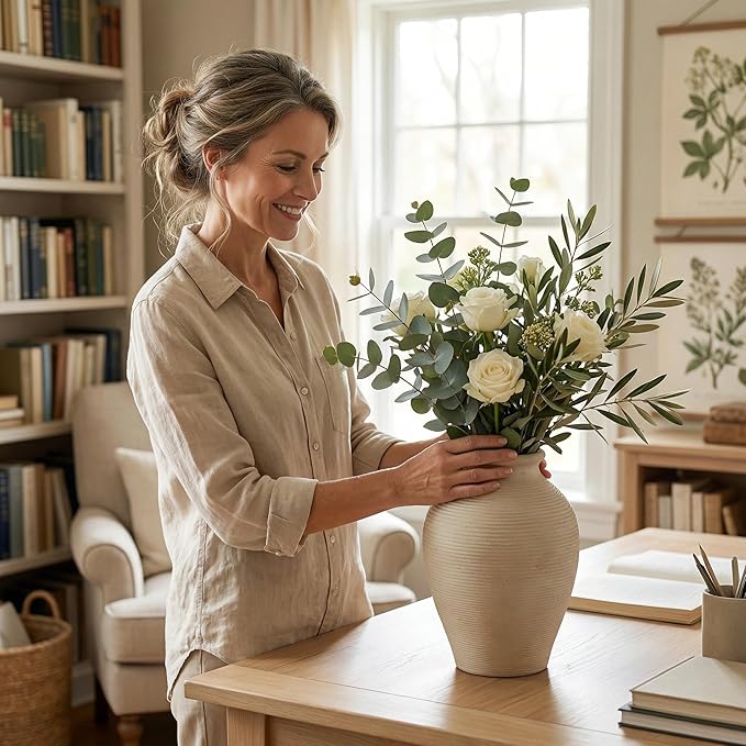 Large 9 Inch Ceramic Vase, Farmhouse Rustic Table Centerpiece, Vintage Floor Vase for Dried Flowers, Home Decor for Living Room, Mantel, Bookshelf & Office