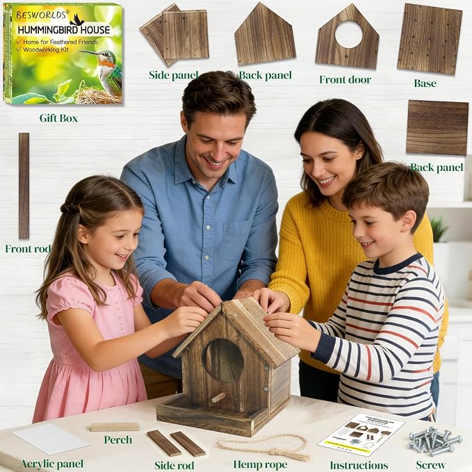 DIY Wooden Hummingbird House Assembly Kit for Outside Hanging, Ideal Bluebird House for Outdoors with Transparent Viewing Window, Built-in Bird Feeder, Gift for Bird Lovers, Great Garden Decoration