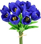 Mandy's Royal Blue Partially Open Artificial Tulips Flowers Centerpiece, 13.5" Lifelike PU Fake Floral Stems 12pcs for Kitchen Island & Dining Table, Spring Decor for Easter