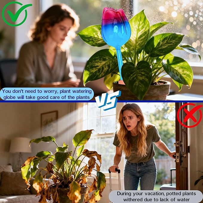 4Pcs No-Clog Glass Plant Watering Globes,Self Watering Planter Insert with Terracotta Watering Spikes,Water Bulbs for Indoor&Outdoor Plants,Vacation Plant Watering Devices,Tulip-Shaped