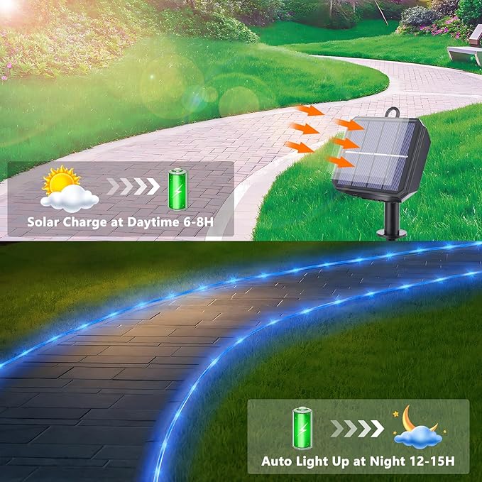 Solar Rope Lights, 2 Packs Total 132ft 400LED Solar String Lights, 8 Modes Waterproof Solar Powered Outdoor Light, Flexible Clear Tube Light for Garden Backyard Patio Deck Porch Tree Xmas Decor - Blue