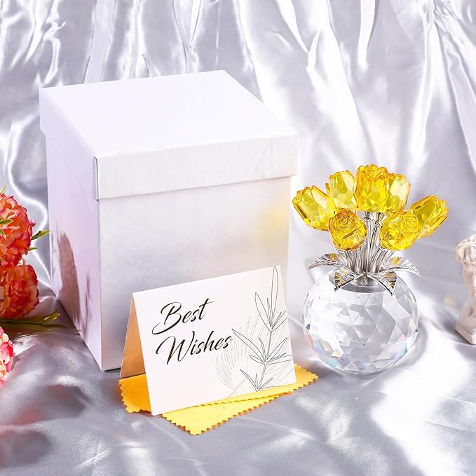 YWHL Handmade Crystal Yellow Rose Flower Figurine With Round Vase, Romantic Gifts for Wife Mom on Anniversary Birthday Mother's Day, Glass Flower for Sister Friends, Wedding Home Decorations