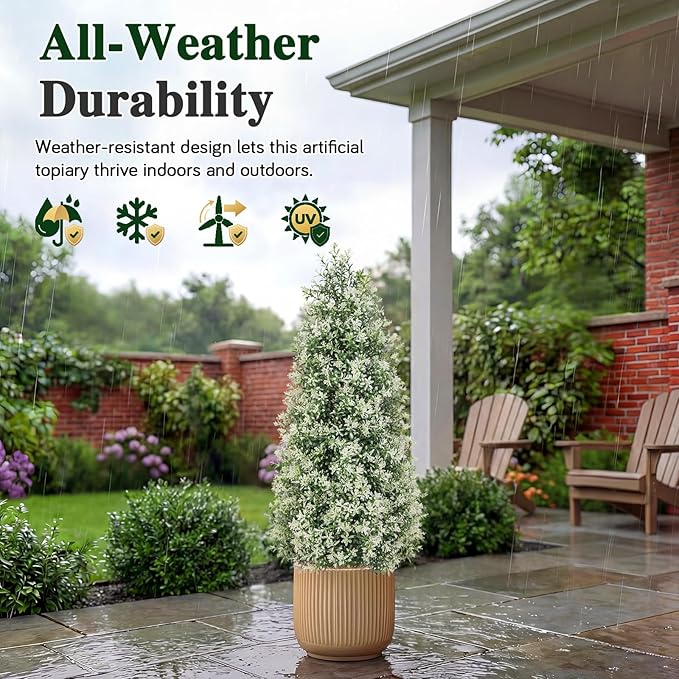 PATIO CHOICE 3ft Artificial Topiary Trees with Ground Spike Set of 2 Outdoor Faux Plants Realistic Faux Bushes and Shrubs Decorations for Outdoor Front Porch Garden