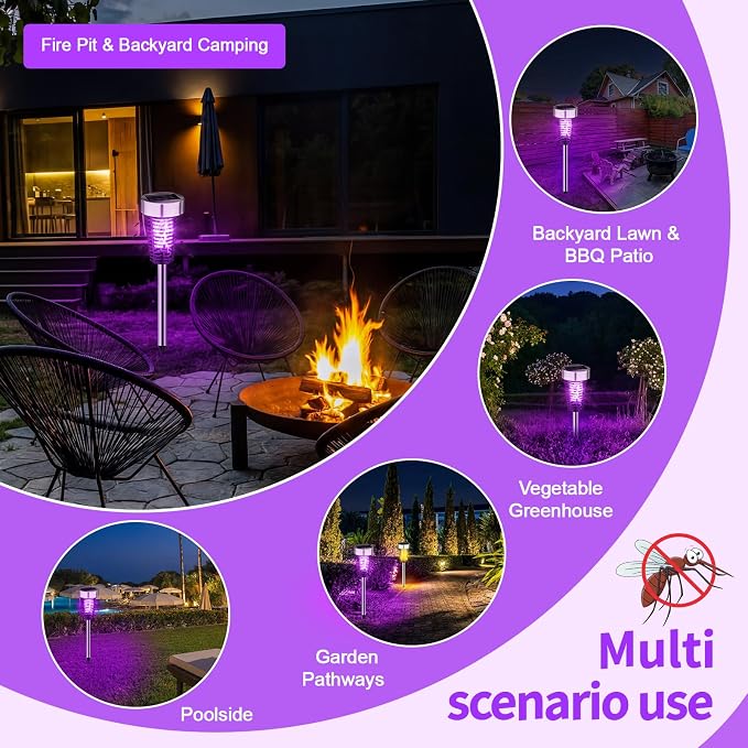 Qualirey 12 Pack Solar Bug Zapper Outdoor Waterproof Mosquito Repellent Killer Bug Zapper Lamp with LED Light for Outdoor Garden Patio Yard (Purple and Flame Light,Silver)
