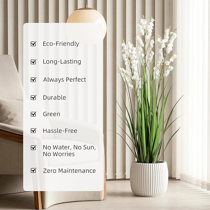 Ttranewsoo Artificial Tall Grass Plants with Pots 36" 1 Pack Lily of The Valley Artificial Grass Home Interior Decorating and Outdoor Garden Decorations(White)