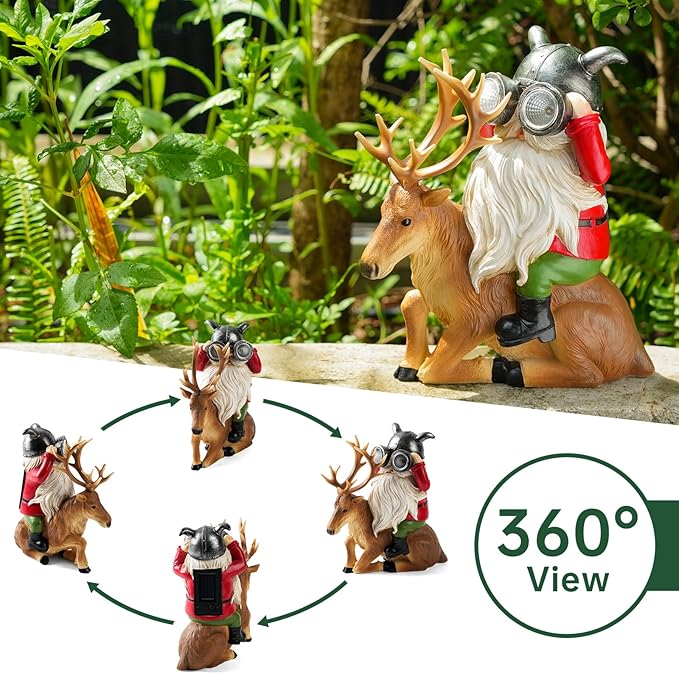 VChymm Garden Gnome Statues Resin Gnome Sitting On Deer Statues Solar Lights Outdoor Telescope Gnome Gifts for Yard, Patio Decor Gift (Deer Gnome)