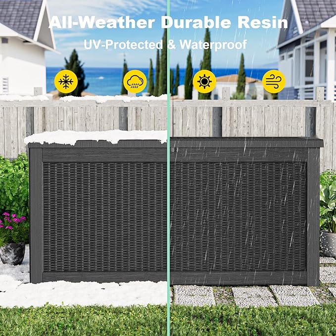 PatioZen 320 Gallon Resin Deck Box, Lockable Weatherproof Outdoor Storage Box for Furniture, Garden Tools and Tools Storage, Waterproof Outside Storage Boxes - Black