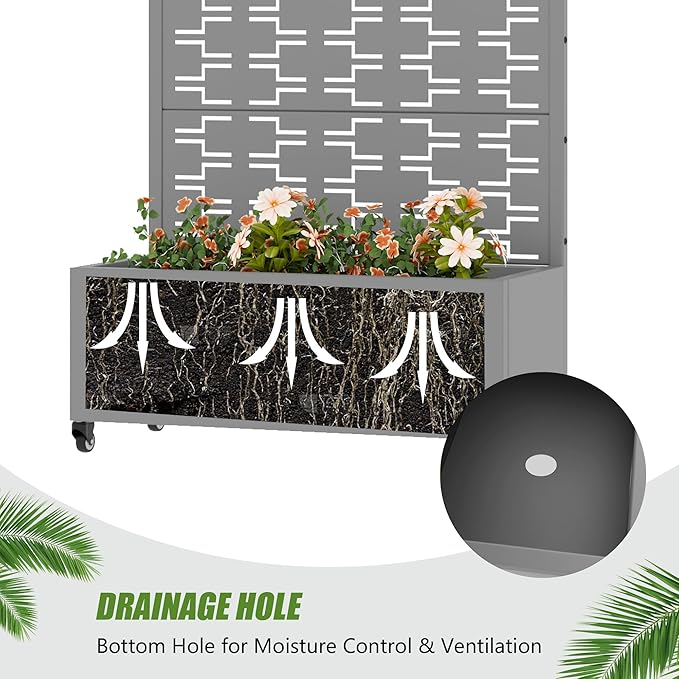 Casaphoria Metal Raised Garden Bed with Trellis and Wheels, 72"x35"x16" Planter Box for Climbing Plants, Vegetables & Vines, Features Drainage Holes and Privacy Screen, Grey-Brick
