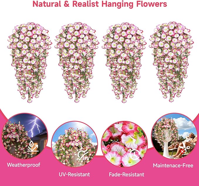 Artificial Hanging Flowers for Outdoors, 4 PCS 600 Blooms UV Resistant Morning Glory Faux Silk Vines, No-Odor Realistic Fake Plants for Garden Planter Porch Patio Decoration, Pink