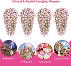 Artificial Hanging Flowers for Outdoors, 4 PCS 600 Blooms UV Resistant Morning Glory Faux Silk Vines, No-Odor Realistic Fake Plants for Garden Planter Porch Patio Decoration, Pink