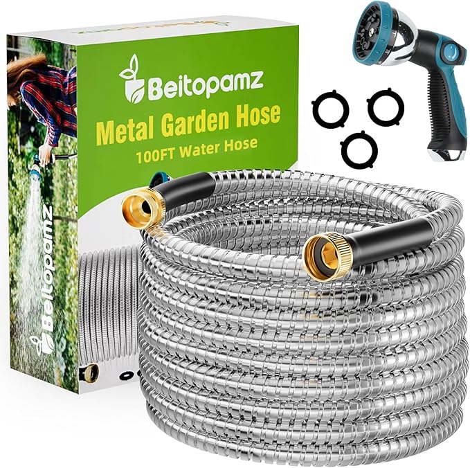 100 ft Garden Hose, Stainless Steel Metal Water Hose with Nozzle, Flexible and Durable, Rust Proof, No-Kink, Heavy Duty, Leakproof 3/4'' Brass Fittings, Lightweight Hose for Patio, Lawn
