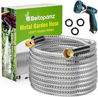 100 ft Garden Hose, Stainless Steel Metal Water Hose with Nozzle, Flexible and Durable, Rust Proof, No-Kink, Heavy Duty, Leakproof 3/4'' Brass Fittings, Lightweight Hose for Patio, Lawn