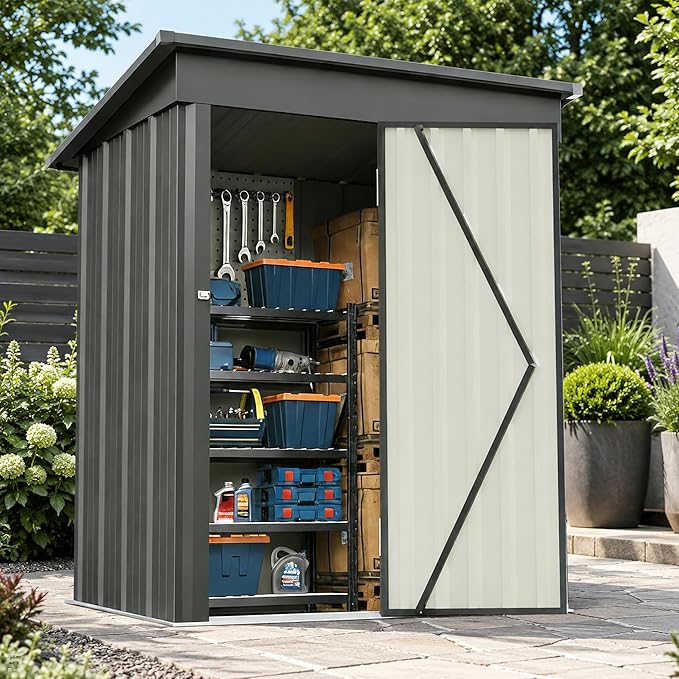 5x3 FT Outdoor Storage Shed, Metal Tool Shed with Sloping Roof and Lockable Door, Waterproof Garden Shed for Backyard, Patio, Lawn and Outdoor Storage, Black