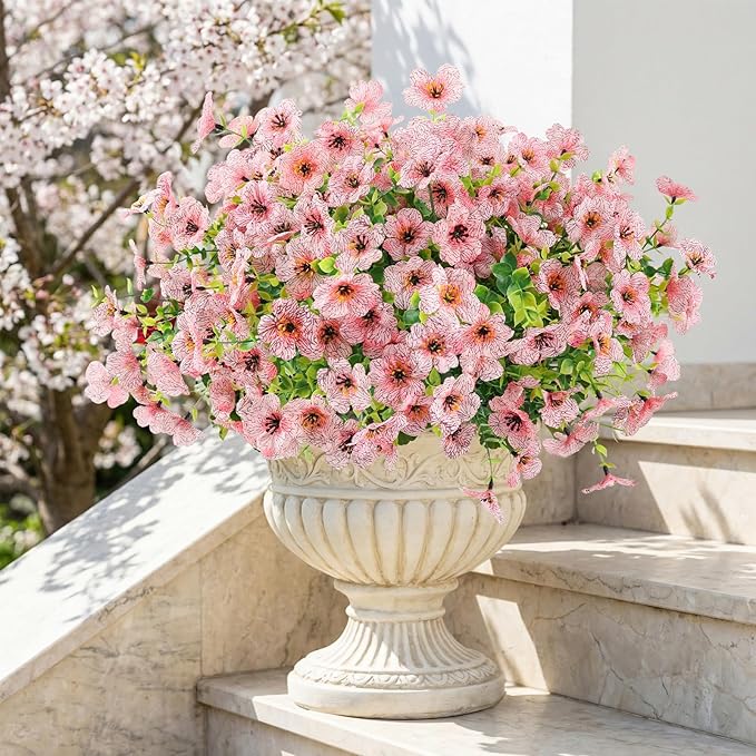 ATTGREAT Artificial Flowers Outdoor Faux Plants UV Resistant Fake Patio Flowers Plastic Greenery Plnats Outside Bulk for Spring Garden Hanging Planter Home Vase Decor, 12 Bundles (Pink)