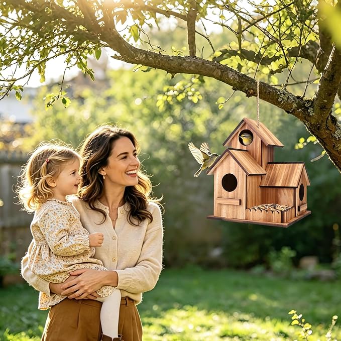Bird Houses for Outside, 3-Hole Large Wooden Birdhouse for Bluebirds Finches Cardinal Hummingbird, Bird House for Outdoors Hanging Bird House Clearance Garden Courtyard Decor