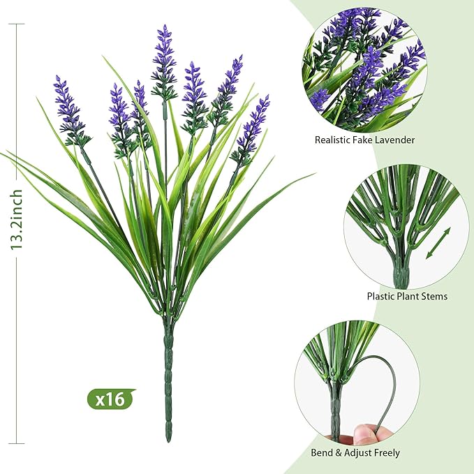 16 Bundles Artificial Plants Outdoor, UV Resistant Fake Lavender & Monkey Grass, Realistic Plastic Faux Plants for Balcony, Patio, Porch Greenery Decor, Planter Filler(Purple)
