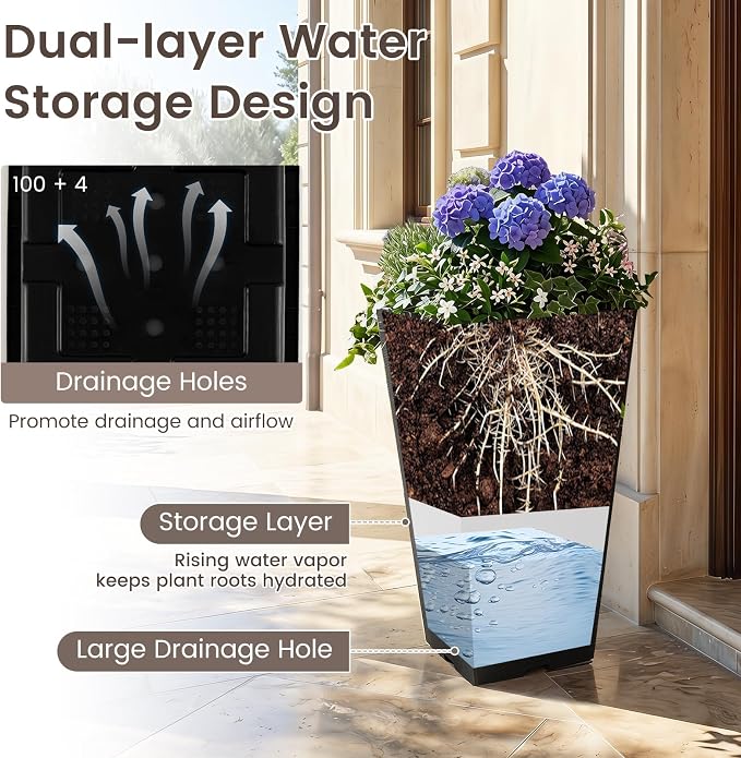 Giantex Tall Square Planters Set of 2, 22.5 inch Self-Watering Flower Pots with/Removable Inner Bucket & Drainage Holes, Indoor Outdoor Decorative Plant Containers for Front Porch Home Balcony, Black