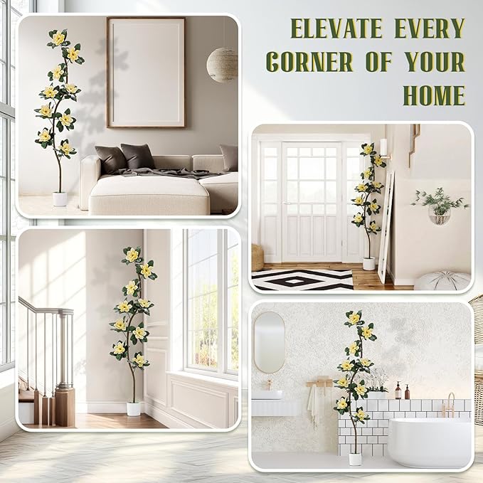 Jexine 7 ft Artificial Rubber Tree with 9 Magnolia Flowers in Pot Extra Tall Faux Magnolia Tree Fake Plant Indoor Floor Plant for Indoor Living Room Office Home Decor