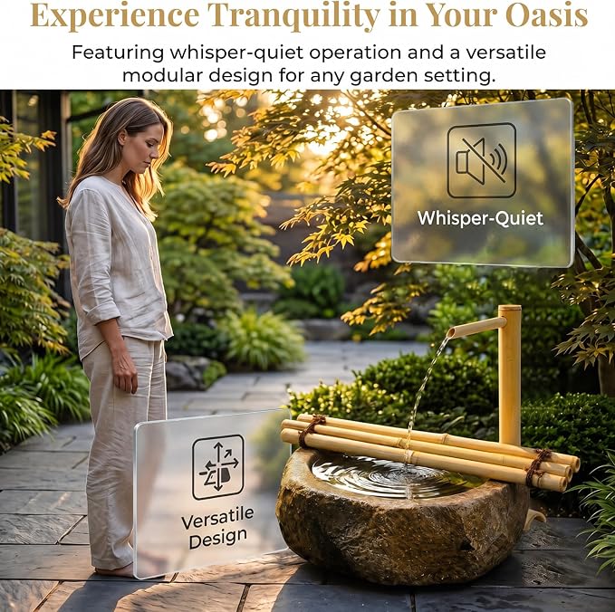 20'' Natural Bamboo Fountain Kit with Adjustable Split-Resistant Spout Quiet Pump and Tubing Japanese Water Feature for Zen Outdoor Patios Landscaping Garden Decor(with Floating Ring)