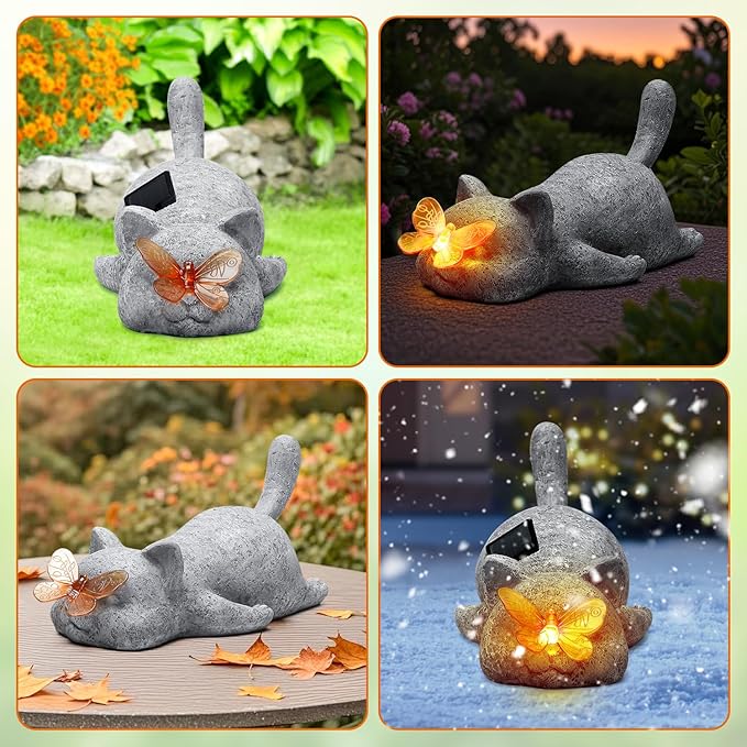 Garden Outdoor Statues Solar Cat Outside Statue Garden Decor for Yard Patio Home Porch Lawn Balcony, Gifts for Mother Grandma Women