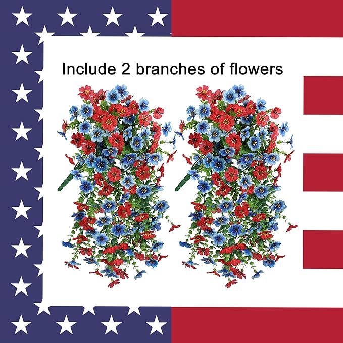 Artificial Faux Hanging Flowers Plants for Spring Outdoor Outside Decoration, 2 PCS Fake Silk Daisy with Eucalyptus UV Resistant Realistic Trailing Vines for Balcony Patio Porch (BlueRed)