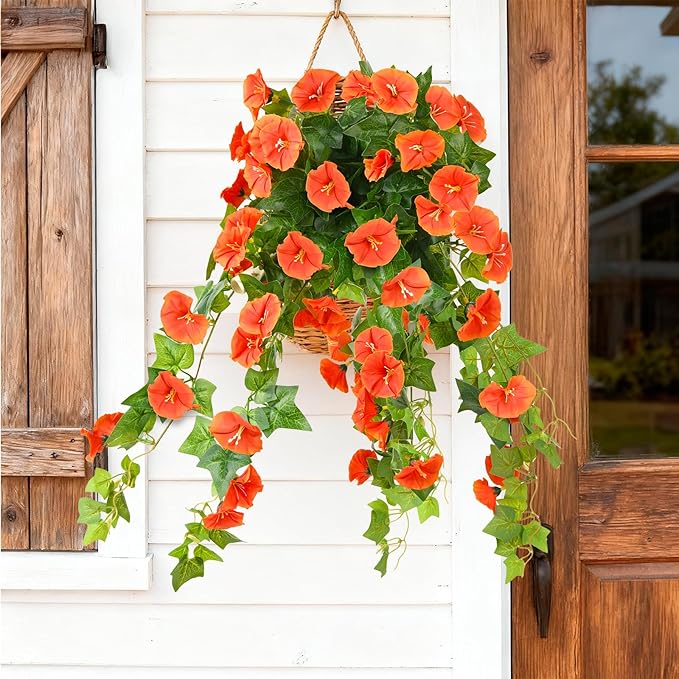 Homsunny Artificial Fake Flowers Plants for Outdoor Decoration, 2PCS Faux Petunias Silk Flower UV Resistant No Fade for Home Outside Garden Balcony Yard Porch Realistic Indoor Decor (Orange)