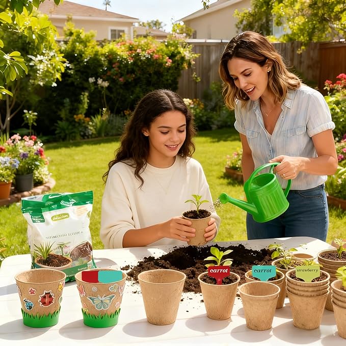 NNG 40 Set Garden Paper Pot Craft Kit,40Pcs Round Paper Mache Pots Peat Plant Pots with 400pcs Adhesive Foam Stickers & 40Pcs Pots Labels,Flower Plant Spring Craft for DIY Flower Planting