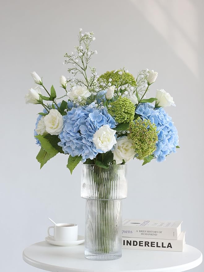 Buart 3PCS Long Stem Big Size Flowers Artificial Silk Hydrangea Lifelike Flowers Real Touch Blue Artificial Flowers Wedding Shower Bride Bouquets Office Living Room Table Decorations (21 Inch)