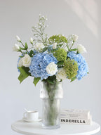 Buart 3PCS Long Stem Big Size Flowers Artificial Silk Hydrangea Lifelike Flowers Real Touch Blue Artificial Flowers Wedding Shower Bride Bouquets Office Living Room Table Decorations (21 Inch)