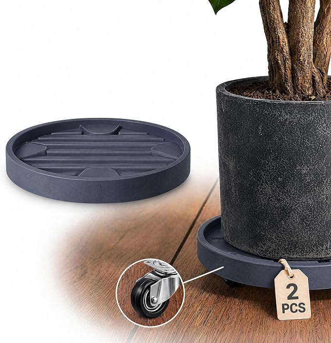 9.8Inch Plant Caddy with Hidden Wheels, Rolling Plants Stand with Wheel, 4 Invisible Casters, Indoor Plant Saucers on Wheels, Heavy Duty Wheeled Plant Dolly, Planter Roller Base, Gray, 2Pack