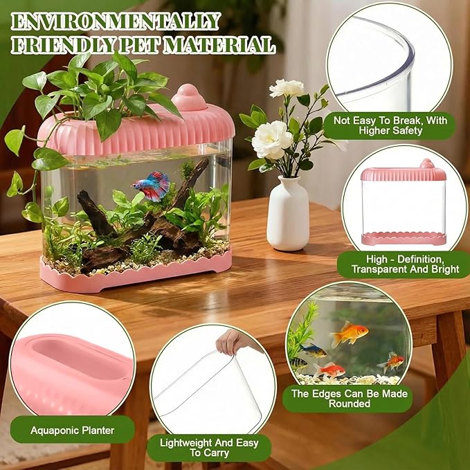 Geelin Pink 2 Gallon Plastic Aquaponic Betta Fish Tank Large Bowl Shatterproof Small Ecosystem Aquarium with Secure Buckle Lid, Clear Clarity for Terrarium, Flower Vase Betta Fish Tabletop Gifts