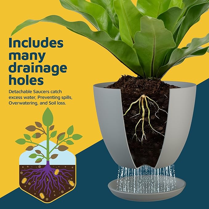 Planter Pots with Drainage Holes - Lightweight, Durable & Space-Saving Pots for Indoor and Outdoor - Versatile Functionality, Simple Modern Design, Set of 5 Plastic Planter Pots - Gray