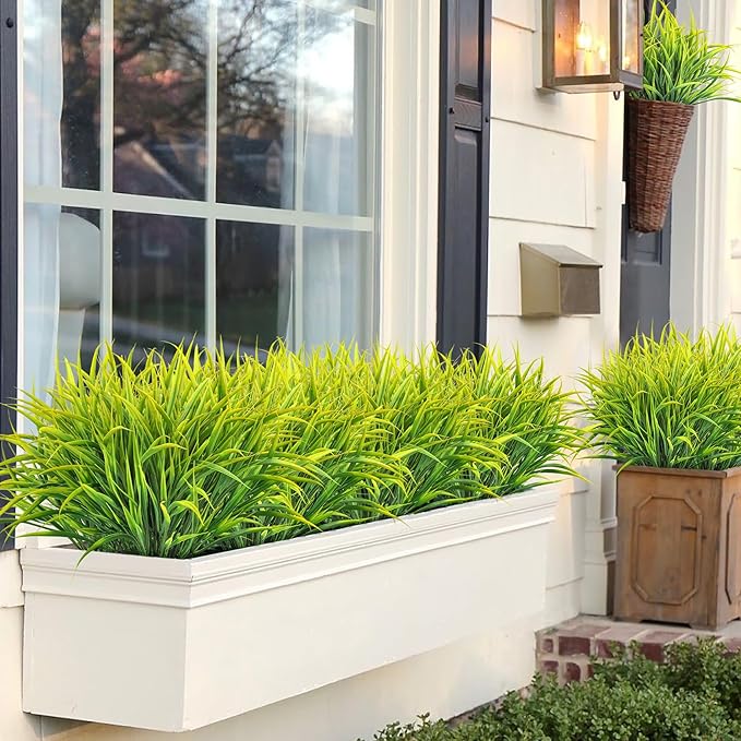 Ouddy Decor 16 Bundles Artificial Plants Outdoor Fake Grass Greenery Stems UV Resistant Faux Plastic Plants Shrubs for Spring Summer Garden Pathway Window Box Farmhouse Front Porch Home Decor, Yellow
