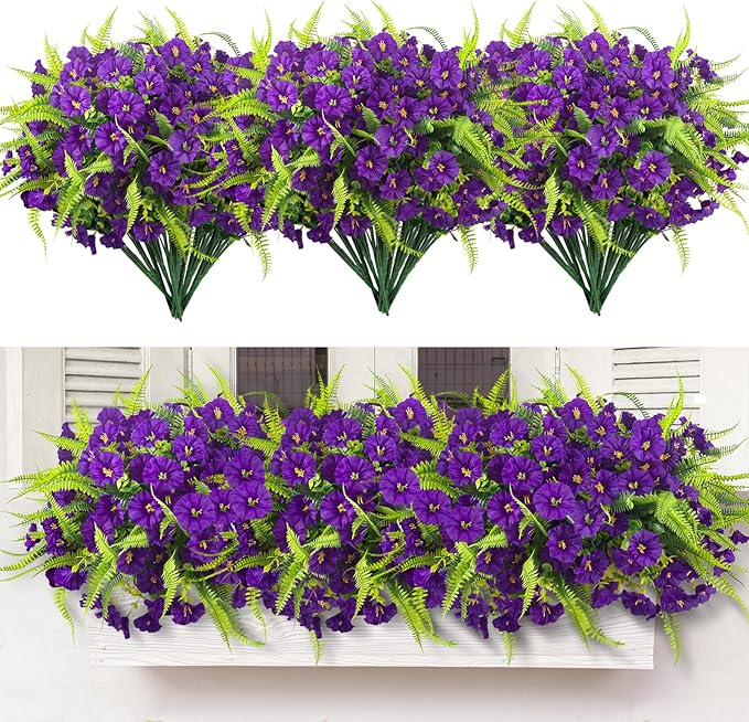Artificial Flowers for Outdoors 12 Bundles Artificial Petunias Fake Flowers UV Resistant Shrubs Plants with Fern for Indoor Outside Hanging Planters Home Garden Summer Decorations (Purple)