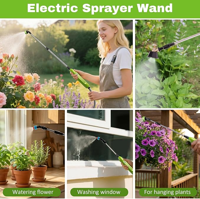 Battery Powered Sprayer Wand - 29" Electric Sprayer with 3 Adjustable Water Hose Nozzle Portable Garden Sprayer with 16ft Hose for Lawn and Garden Plant Watering