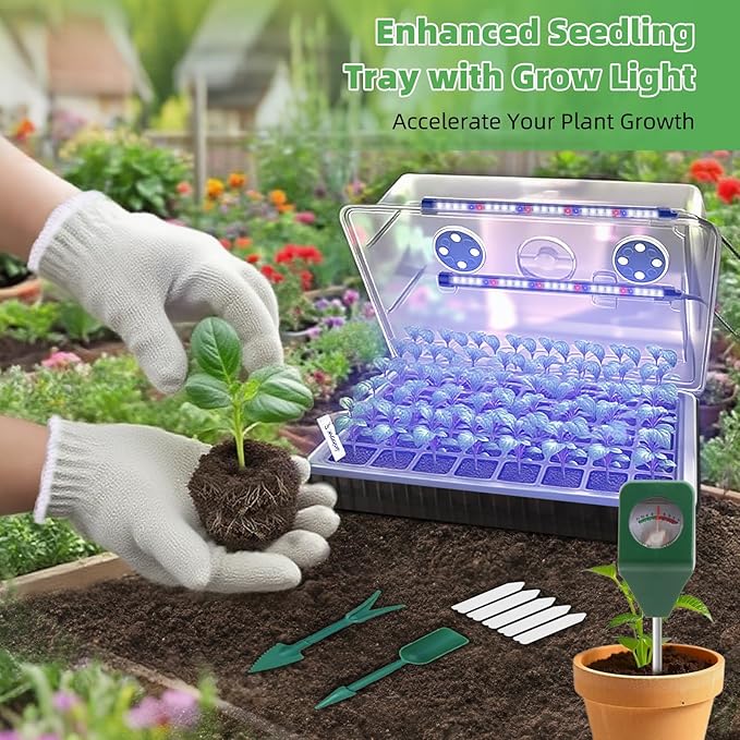 Seed Starting Tray - 60-Cell Self-Watering Tray, Seed Starter Kit LED Grow Light, Timer, Humidity Dome, pH Meter for Plant Germination, Vegetables, Herbs, Flowers