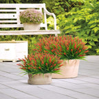 obbsie 12 Bundles Artificial Plants Outdoor, 18.2" UV Resistant Faux Monkey Grass Greenery Stems No Fade Faux Plastic Flowers Shrubs for Home Weddings Garden Porch Front Patio Office Decor - Red