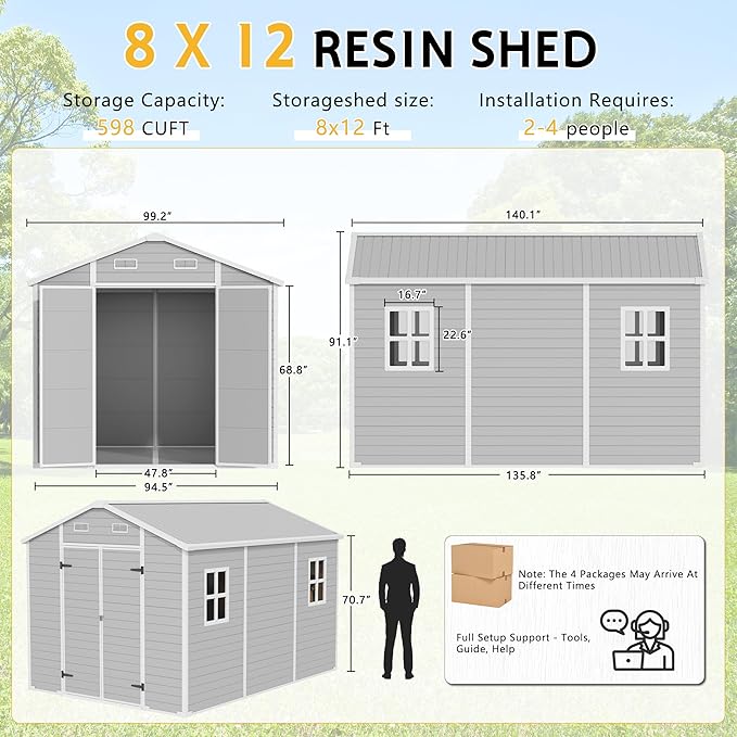 PIPLEO 8x12 FT Resin Outdoor Storage Shed with Floor, Plastic Garden Storage Shed with Lockable Door & Vent, All Weather Versatile Tool Shed for Backyard, Patio, Lawn, Cloud Gray