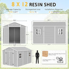 PIPLEO 8x12 FT Resin Outdoor Storage Shed with Floor, Plastic Garden Storage Shed with Lockable Door & Vent, All Weather Versatile Tool Shed for Backyard, Patio, Lawn, Cloud Gray