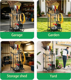 Garden Tool Organizer Rack with Wheels Up to 30-35 Tools, Heavy-Duty Steel Yard Tool Organizer for Garage Storage with 11 Hooks, Broom Holder & Garden Tool Rack for Shed, Patio, Lawn, Outdoor, Black