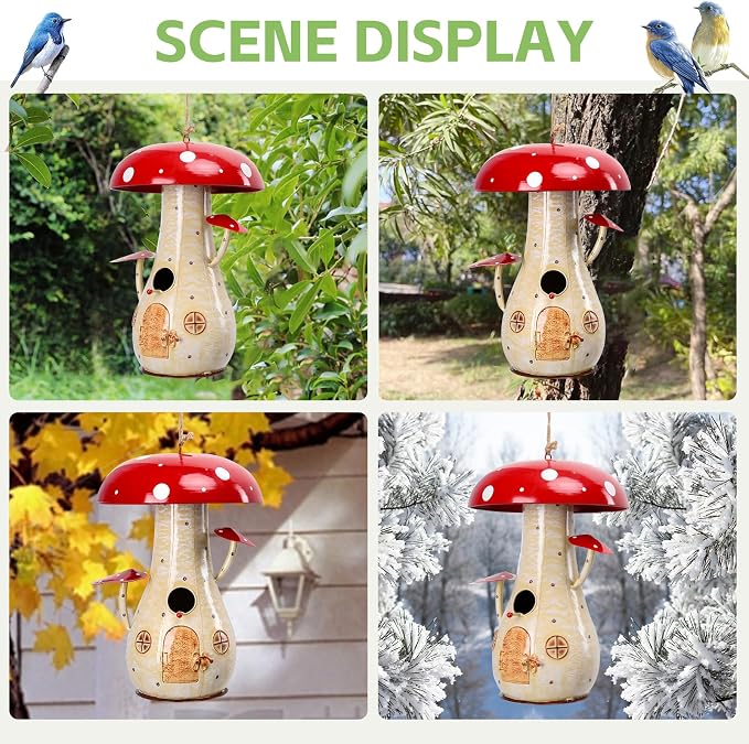Yinns Metal Mushroom Bird House, Wild Bird House Outdoor, Decorative Birdhouse for Home Garden Decor, 13.8 Inch Big Bird Houses