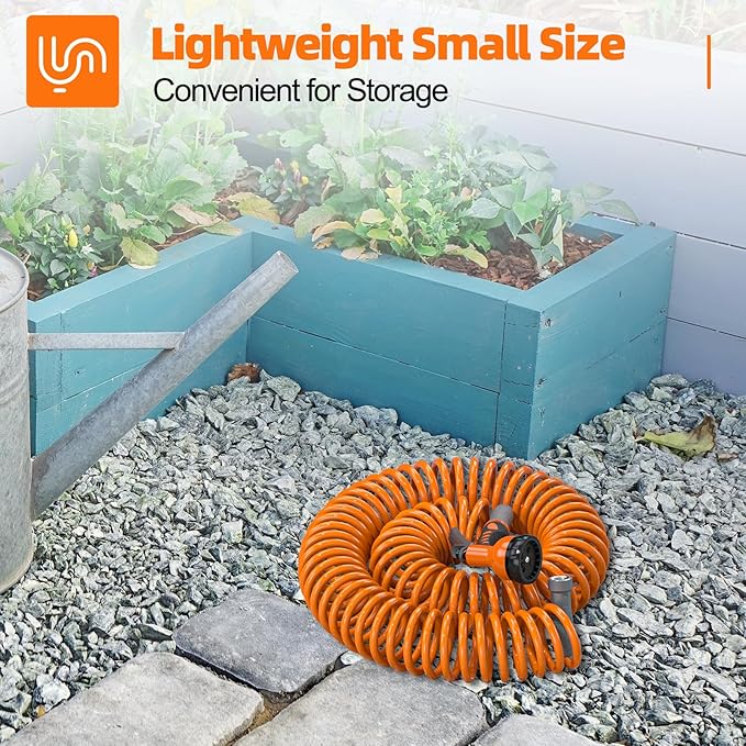 SPECILITE 3/8” Lightweight Coil Garden Hose 50 FT, EVA Retractable Curly Water Pipe with 6-Pattern Spray Nozzle for Boat, Greenhouse, Yard, Patio (Orange)