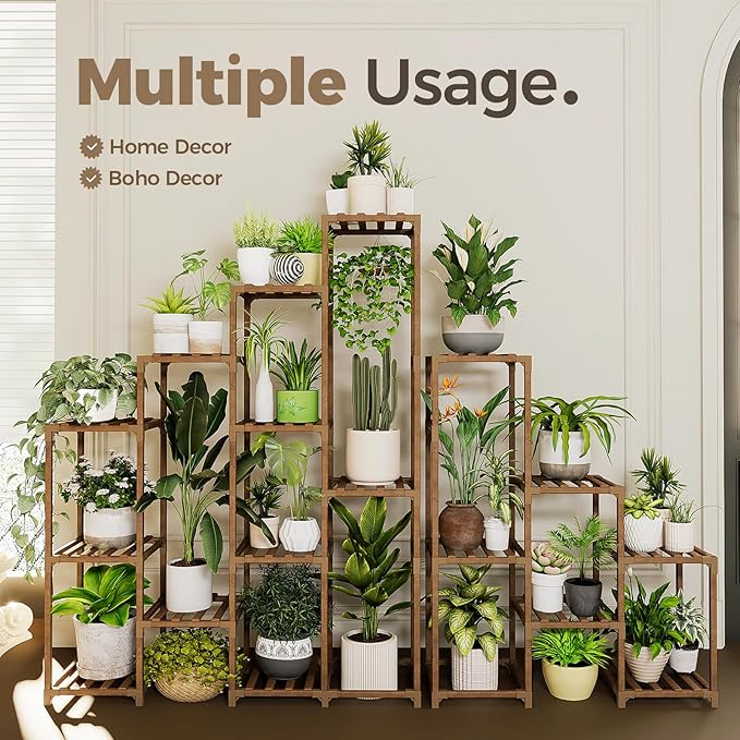 Bamworld Plant Shelf Indoor Large Plant Shelf Tall Flower Stands 16 Pots Outdoor Plant Rack for Garden Balcony Patio Window Living Room Corner Wood