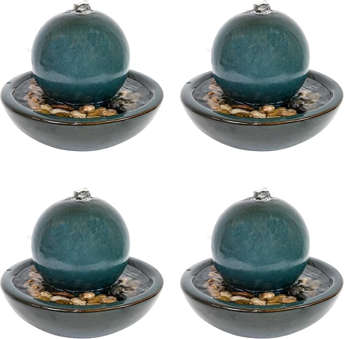 Sunnydaze Tabletop Ceramic Tabletop Fountain with Orb - Relaxing Indoor Fountain for Meditation - for Office, Bedroom, or Living Room - Teal - Set of 4