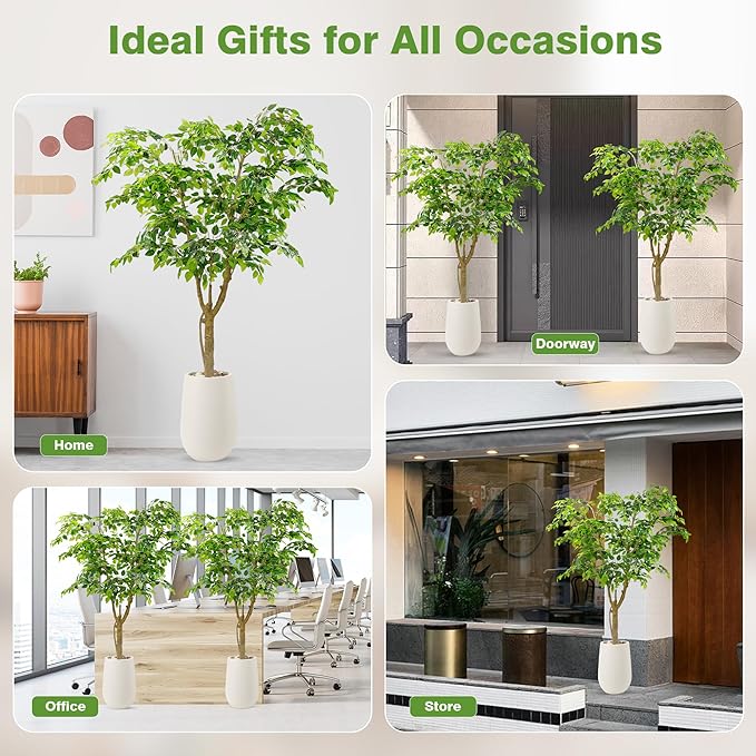 6.5FT Artificial Ficus Tree with White Planter and Pebbles,Faux Silk Tree with Lifelike Leaves and Realistic Trunk,Tall Fake Potted Plant for Home and Office Décor Indoor and Outdoor (6.5FT)