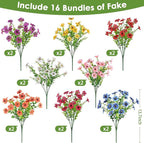 16 Bundles Artificial Flowers for Outdoors, Realistic Fake Silk Flowers for Outside, UV Resistant Faux Plants for Outdoor Planter, Hanging Basket - Porch Spring Easter Decor(8 Colors)