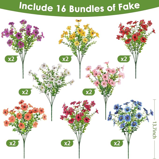 16 Bundles Artificial Flowers for Outdoors, Realistic Fake Silk Flowers for Outside, UV Resistant Faux Plants for Outdoor Planter, Hanging Basket - Porch Spring Easter Decor(8 Colors)